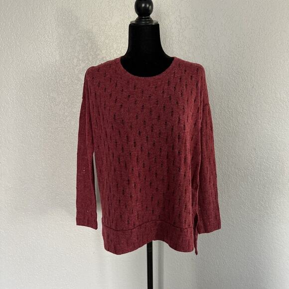 Mododoc Hi-Lo Eyelet Sweater Womens Small Burgundy Wine Long Sleeve Lightweight - Picture 2 of 9